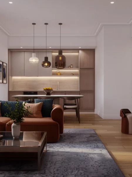 Offener Wohn- und Küchenbereich im 2-Schlafzimmer-Apartment der Vero Residenz Porto Montenegro Tivat