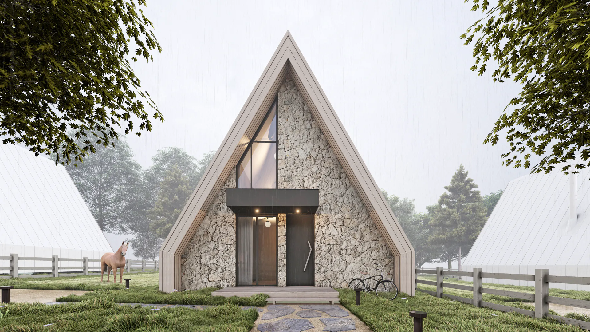 Modernes A-Frame Chalet in Kolašin Montenegro mit Steinfassade und großer Glasfront im Nebel