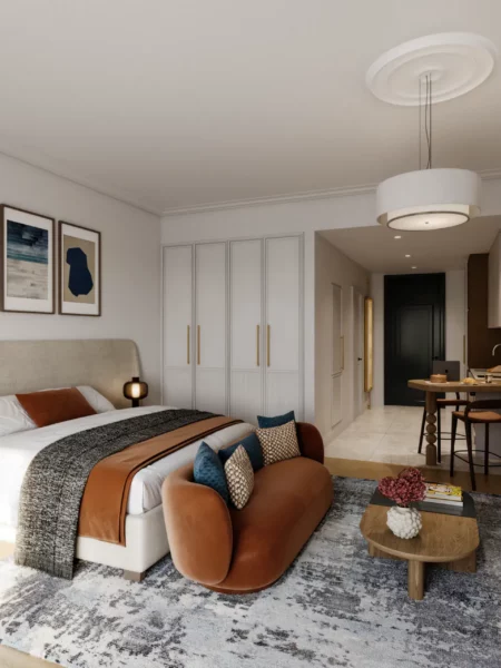 Modernes Studio-Apartment in Porto Montenegro mit Doppelbett, offenem Wohnbereich und integrierter Küche
