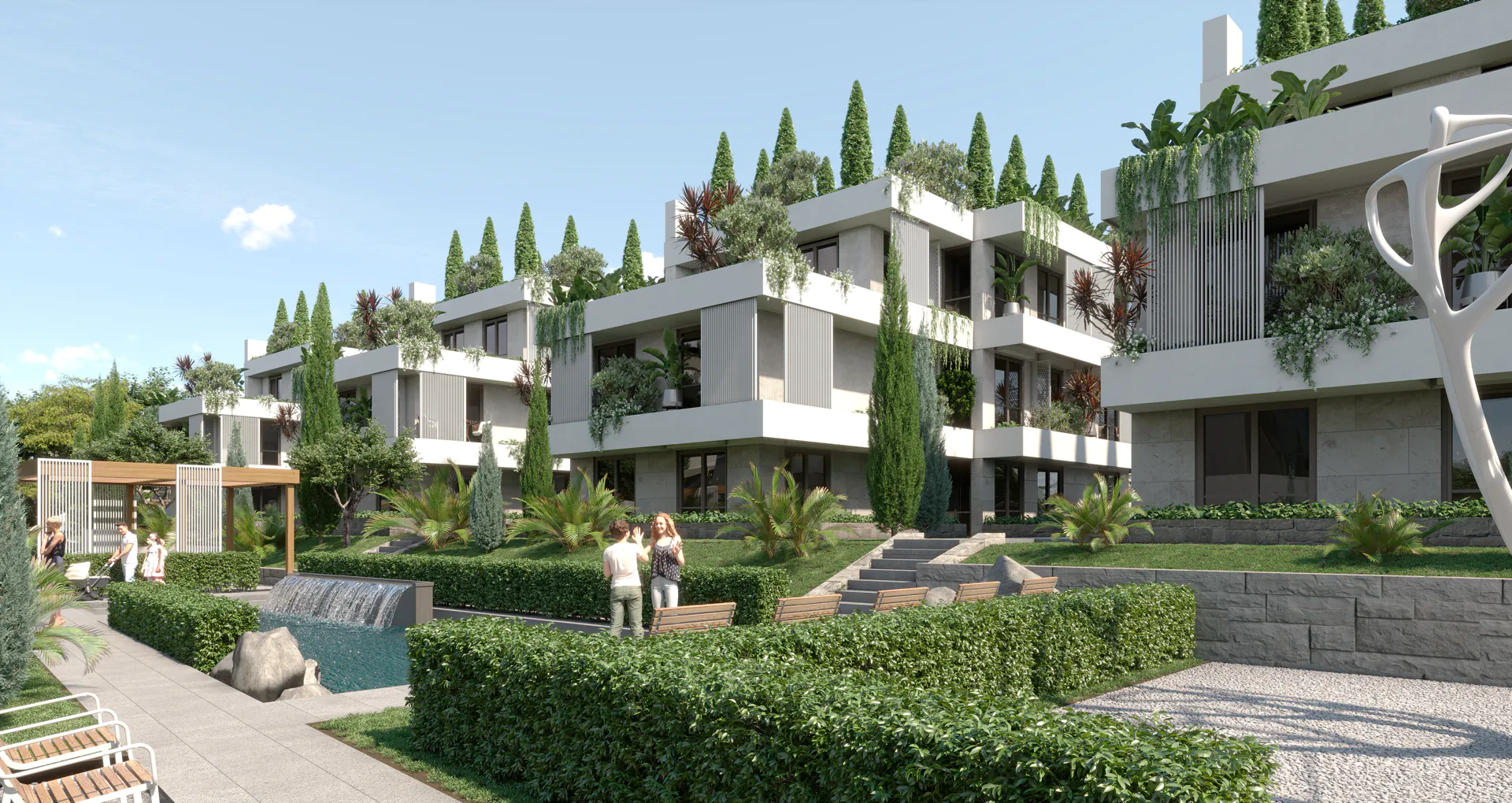 Neubau-Wohnanlage in Tivat mit begrünten Terrassen, Gärten und autofreiem Innenhof