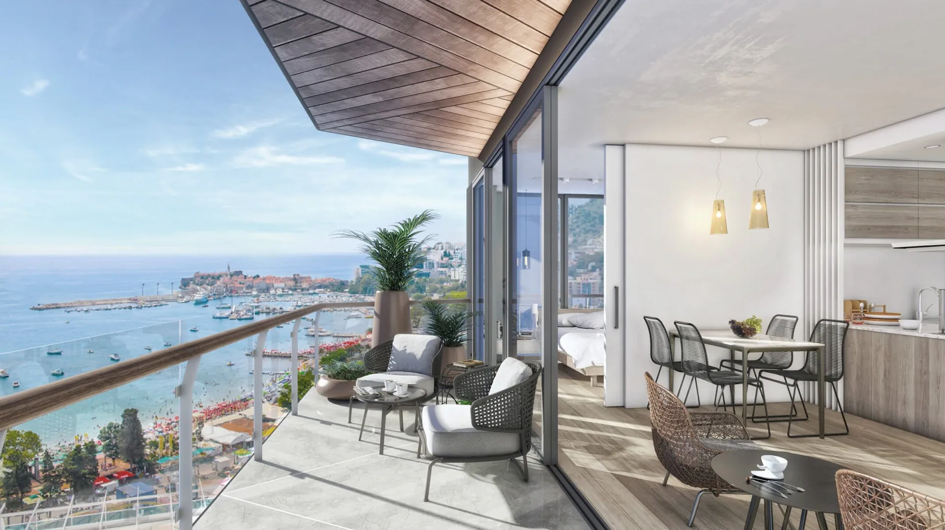 Penthouse in Budva mit Terrasse und Meerblick Terrasse eines Penthouses in Budva mit Blick auf Meer und Altstadt