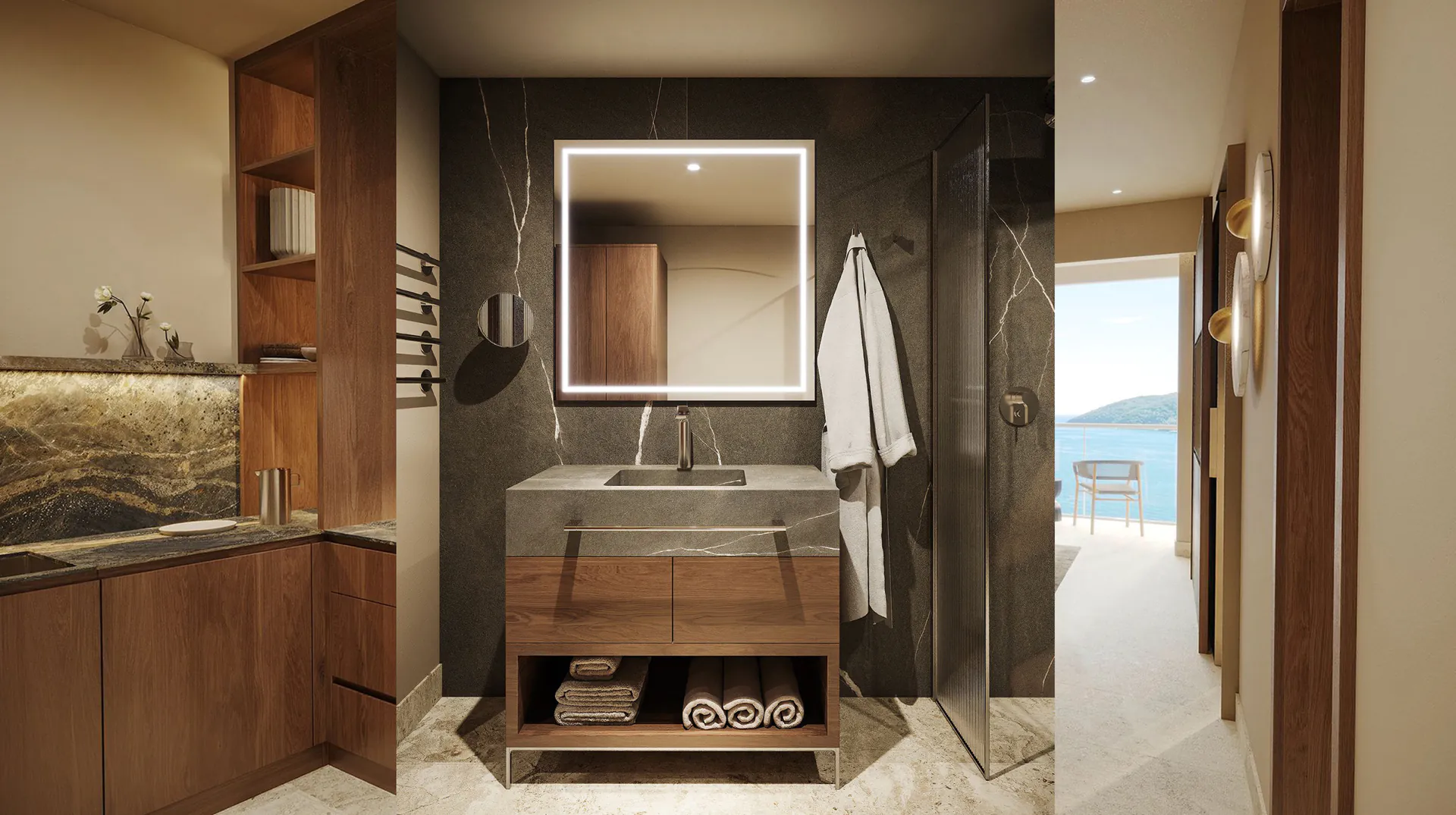 Wohnung mit 1 Schlafzimmer in Budva, Bad Bad mit Waschtisch aus Holz, Spiegel und Dusche in einer Wohnung in Budva