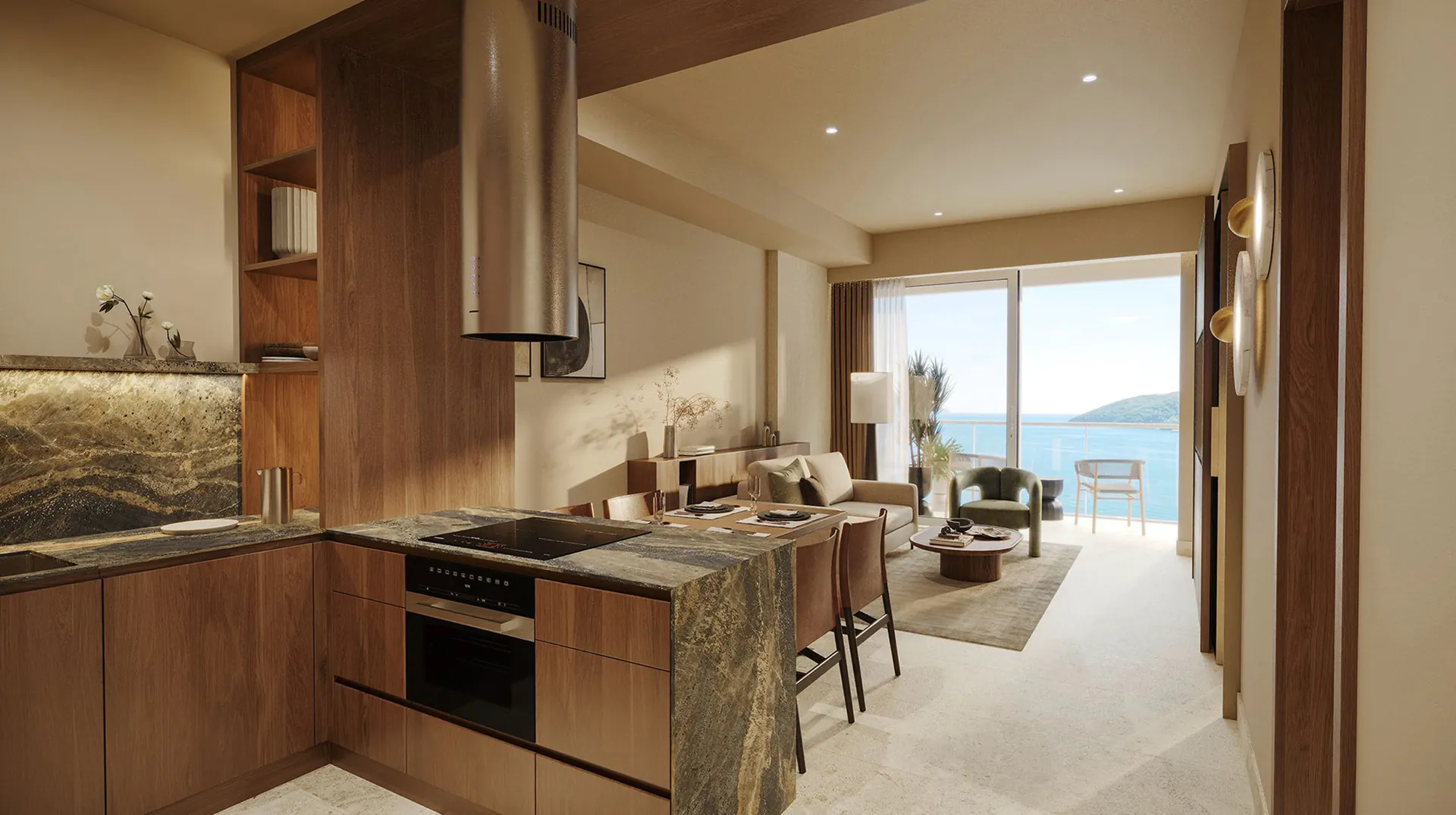 Wohnung mit 1 Schlafzimmer in Budva, Küche Einbauküche mit Theke und Blick auf den Balkon in einer Wohnung in Budva
