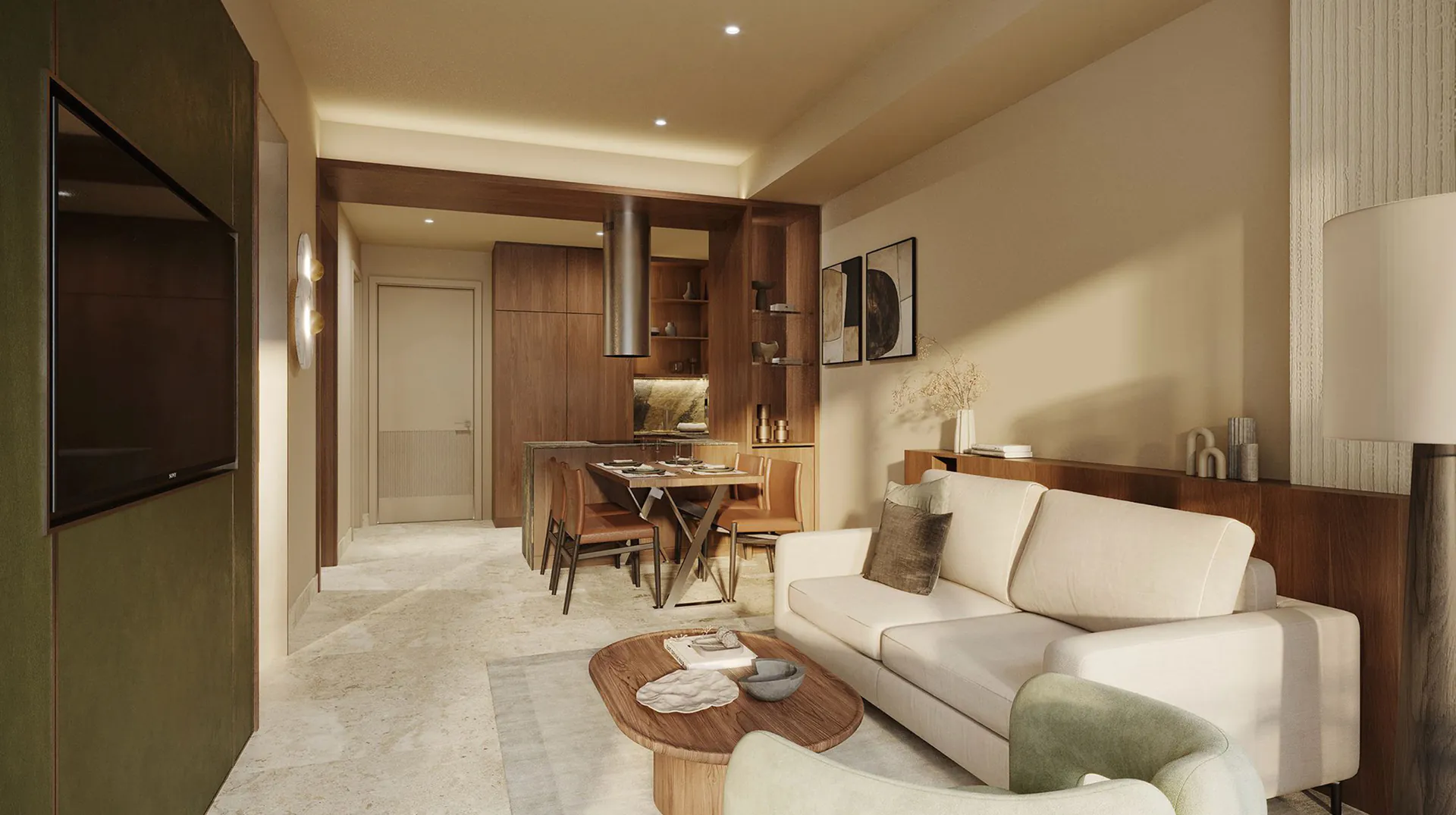 Wohnung mit 1 Schlafzimmer in Budva, Wohnbereich Wohnbereich mit Sofa und Essplatz in einer möblierten Wohnung in Budva